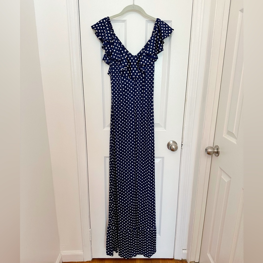 Vintage off the shoulder maxi dress | Navy blue with white polka dot pattern
